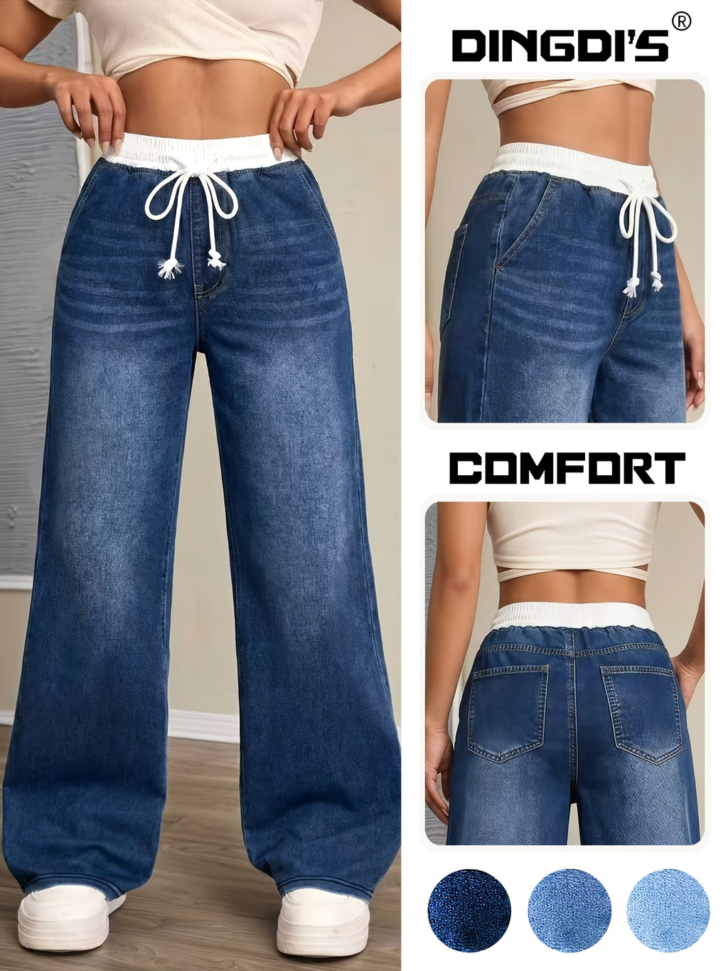 2026 New Women'S 90S Loose High-Waist Tummy-Control Jeans, Washed Blue Wide-Leg Pants with Pockets And Drawstring, Comfortable All-Season Denim Trousers for Travel And Work - Dark Blue