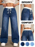 2026 New Women'S 90S Loose High-Waist Tummy-Control Jeans, Washed Blue Wide-Leg Pants with Pockets And Drawstring, Comfortable All-Season Denim Trousers for Travel And Work - Dark Blue