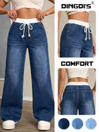 2026 New Women'S 90S Loose High-Waist Tummy-Control Jeans, Washed Blue Wide-Leg Pants with Pockets And Drawstring, Comfortable All-Season Denim Trousers for Travel And Work - Dark Blue