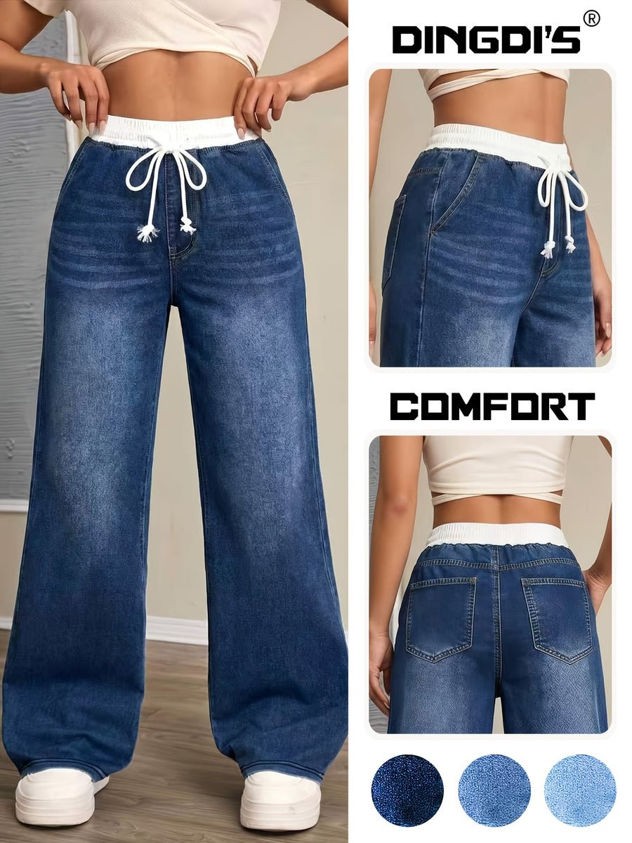2026 New Women'S 90S Loose High-Waist Tummy-Control Jeans, Washed Blue Wide-Leg Pants with Pockets And Drawstring, Comfortable All-Season Denim Trousers for Travel And Work - Dark Blue