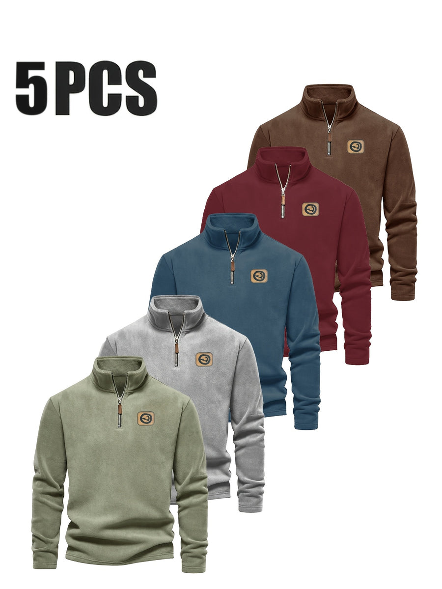 Men's Five-pc Versatile Sweatshirt, Half-Zip Stand Collar Daily Casual Top - Mint Green + Navy Blue + Deep Red + Red Brown + Gray