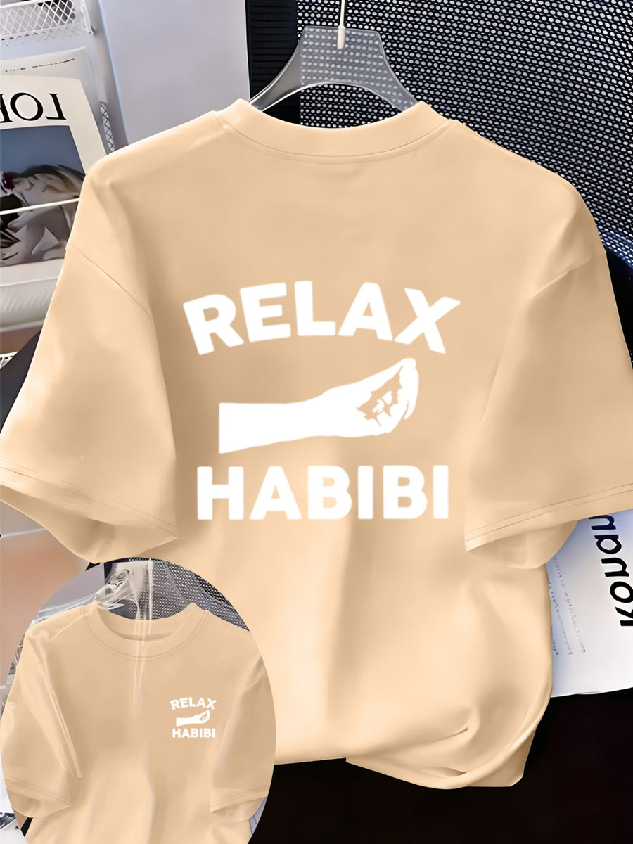 Front And Back Printed Women'S Fashion Base Print T-Shirt, Soft And Versatile, Casual Style Printed Pattern with RELAX HABIBI Lettering And Hand Gesture Design Printed Short Sleeve T-Shirt, Suitable for Casual Wear, Fashion All-Season Top - Apricot