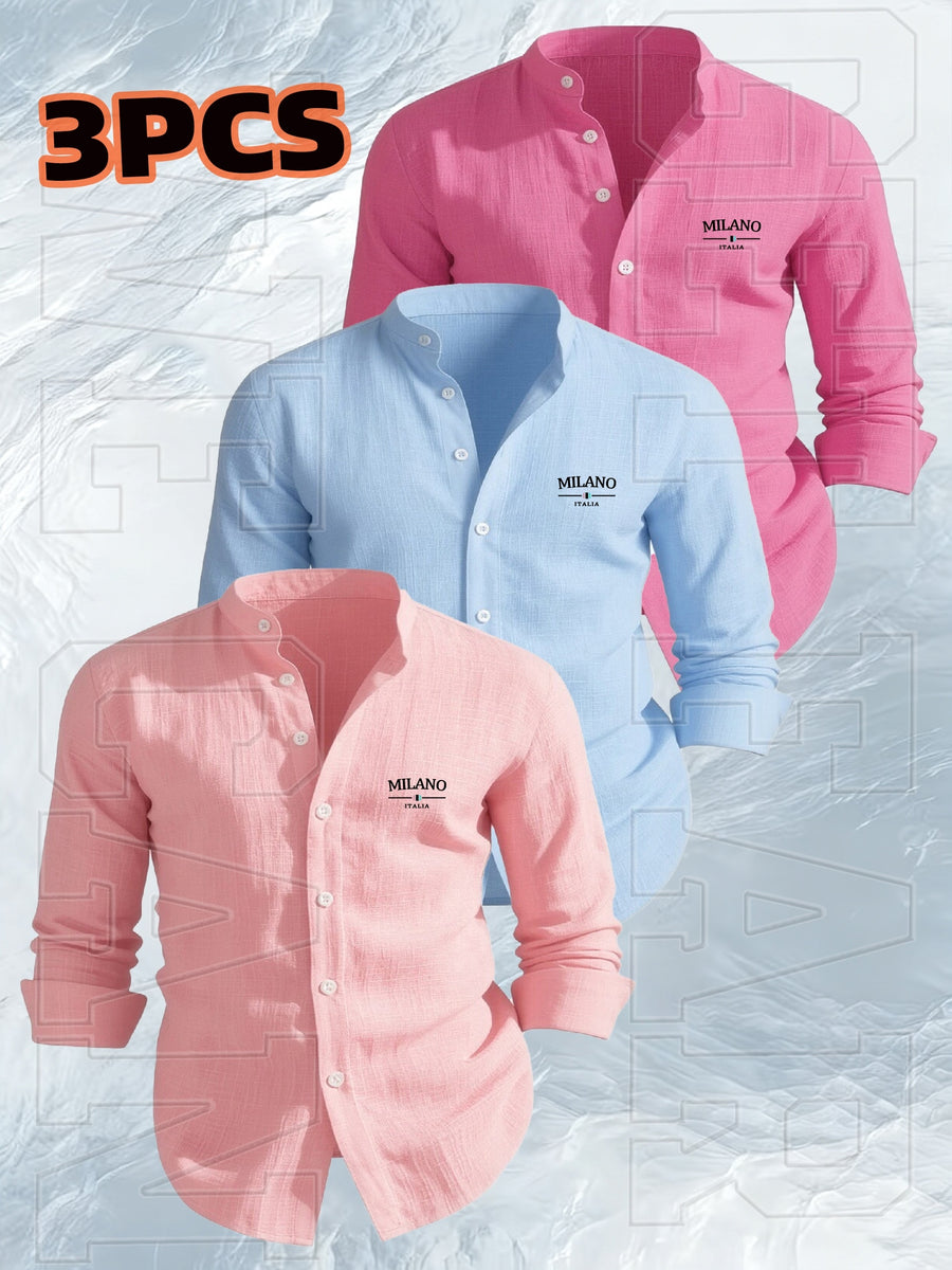 [Qiaoximei OBM] 3pcs Set, Men'S Clothing New Stand-Collar Solid Color Faux Linen Long Sleeve Shirt, Geometric Pattern Stand-Collar Easy Design, Spring Autumn Winter High-Quality Men'S Long Sleeve Stand-Collar Button-Up Shirt - Suitable for Outdoor L - Light Pink + Sky Blue + Lotus Root Pink
