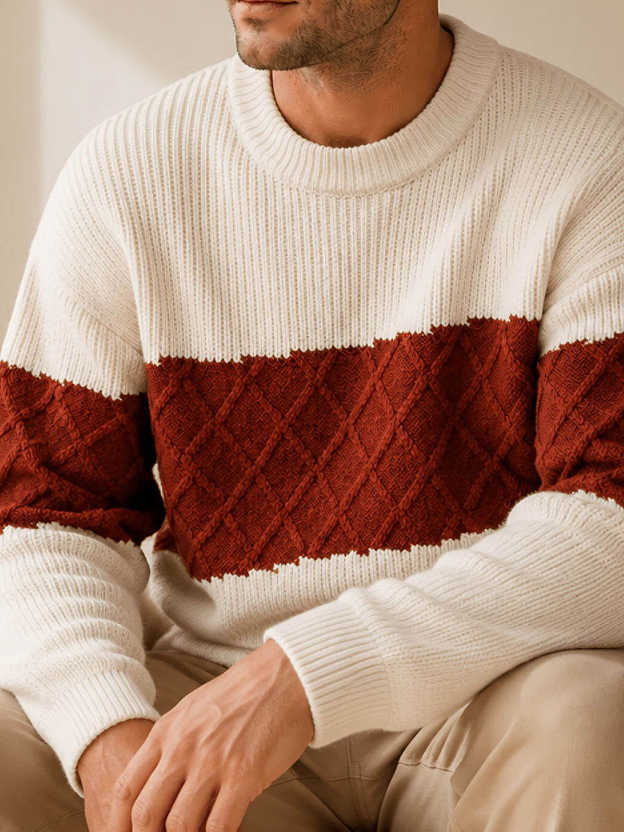 Men's Du Jing Lan OBM Contrast Color Knit Sweater - Old Money Style Business Casual Pullover with Color-Blocking, Ribbed Crew Neck Sweater Suitable for Layering, Golf, Basketball, Outdoor & Daily Wear, Spring/Autumn Winter Wardrobe - White