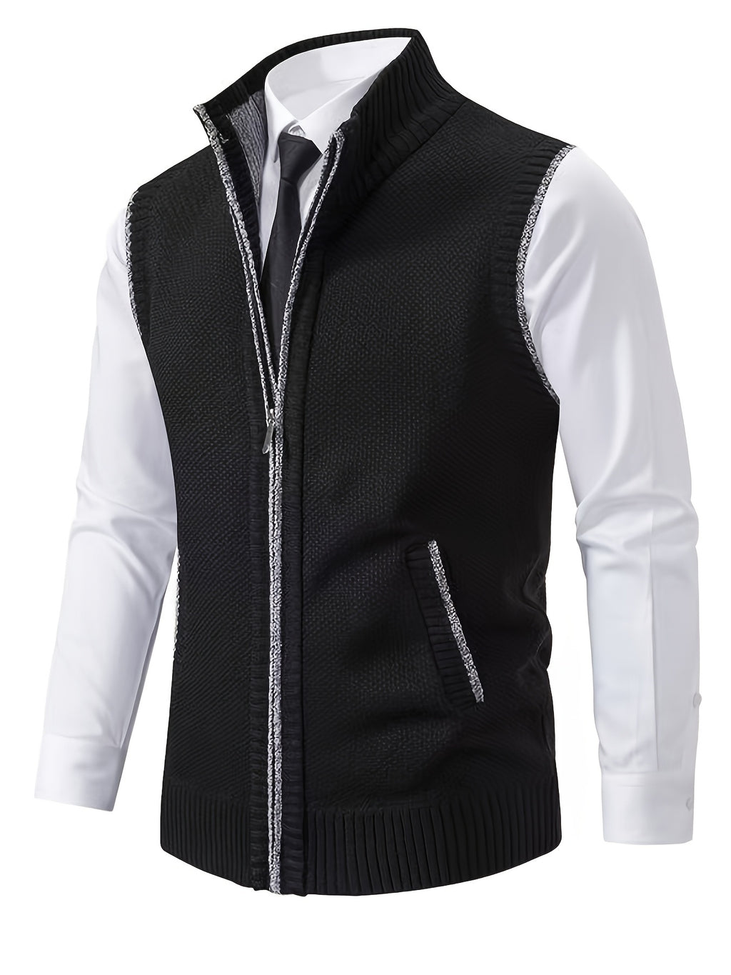 2pcs Set of Spring And Autumn Knit Sweaters, Zippered Cardigans with Real Pockets, Solid Color, Unisex Vests - E7015K+HEI