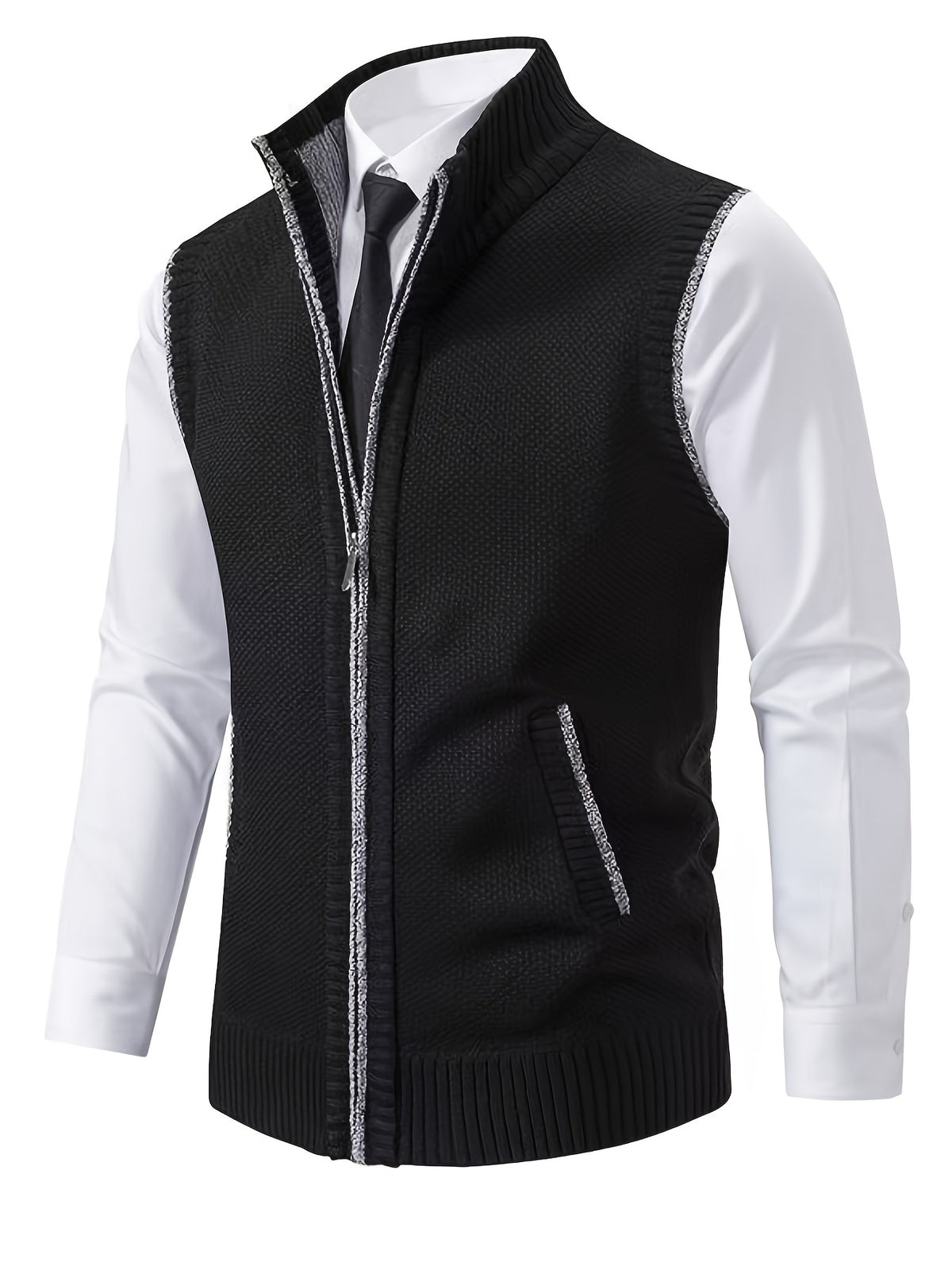 2pcs Set of Spring And Autumn Knit Sweaters, Zippered Cardigans with Real Pockets, Solid Color, Unisex Vests - E7015K+HEI