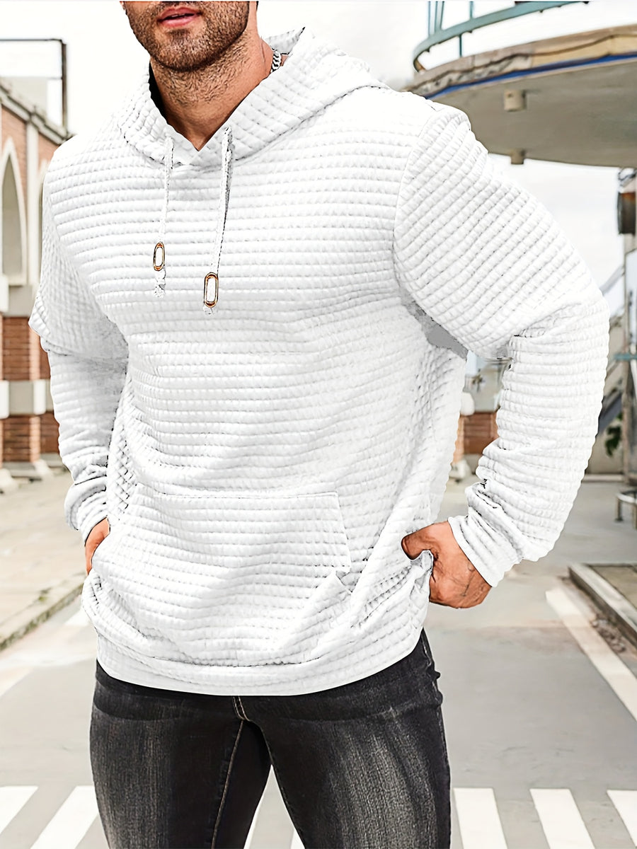 Men's Spring, Autumn, Winter Casual Sporty Kangaroo Pocket Hooded Pullover Sweatshirt, Waffle Knit, Comfortable, Breathable, Versatile Long-Sleeve Top - White
