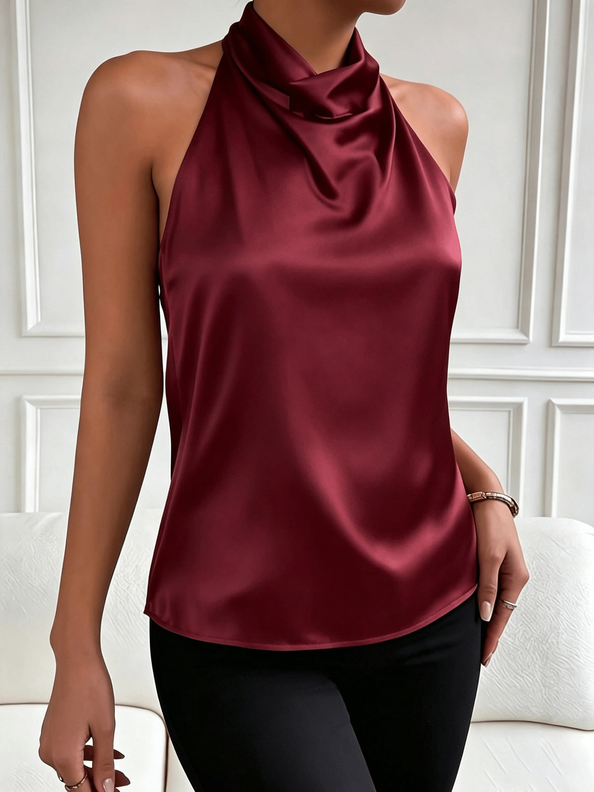 Elegant and Sexy Halter Neck Backless Top, Suitable for Summer Dates, Parties, Commuting, and Casual Fashion. Versatile and High-end, This Short-length Top Accentuates Your Figure with a Vintage Style - Burgundy