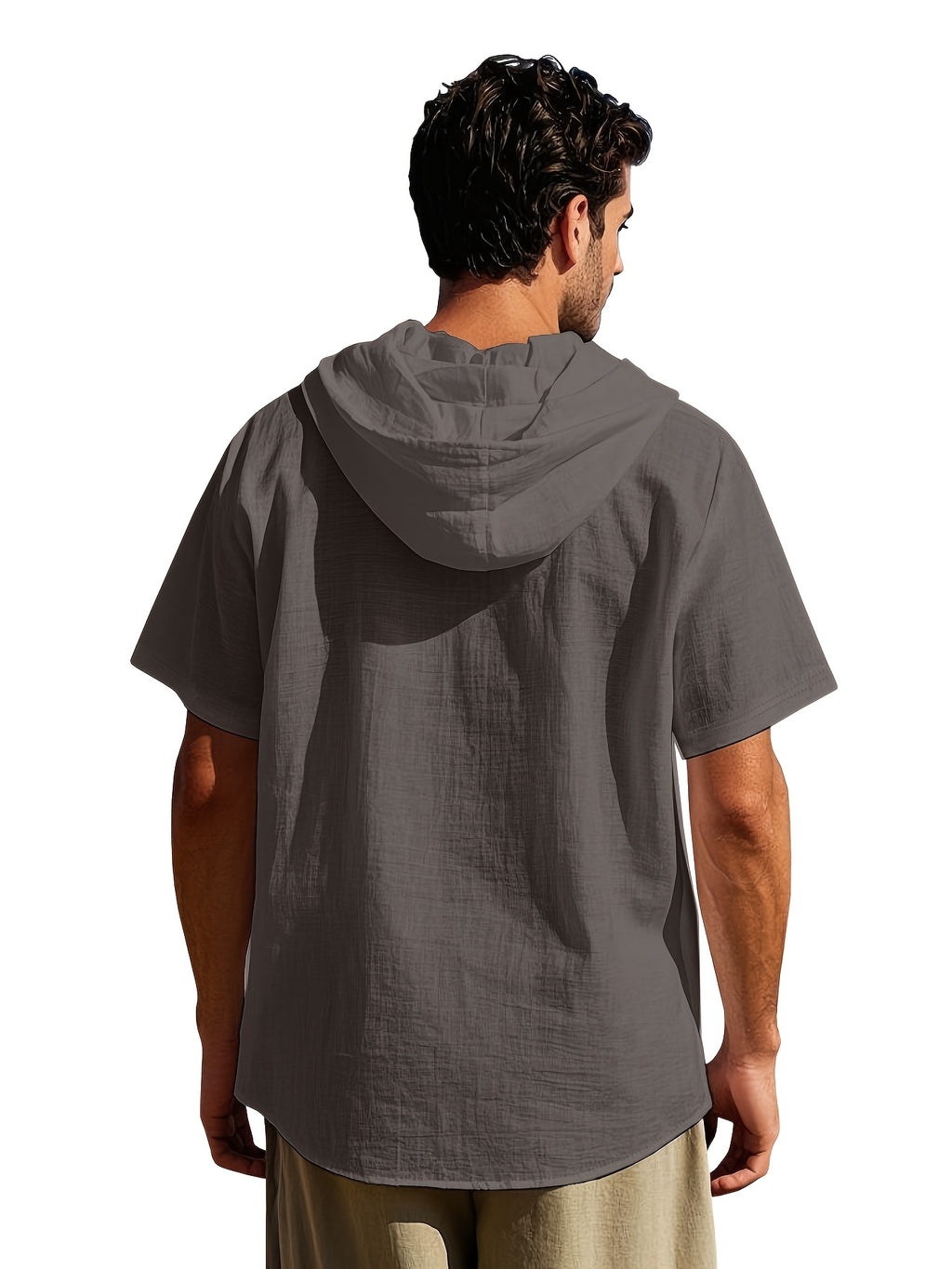 Men's 2pcs Short-Sleeve Hoodie Shirt, Regular Fit, Lightweight Open Cardigan, Vacation Casual Top - Black+light Gray