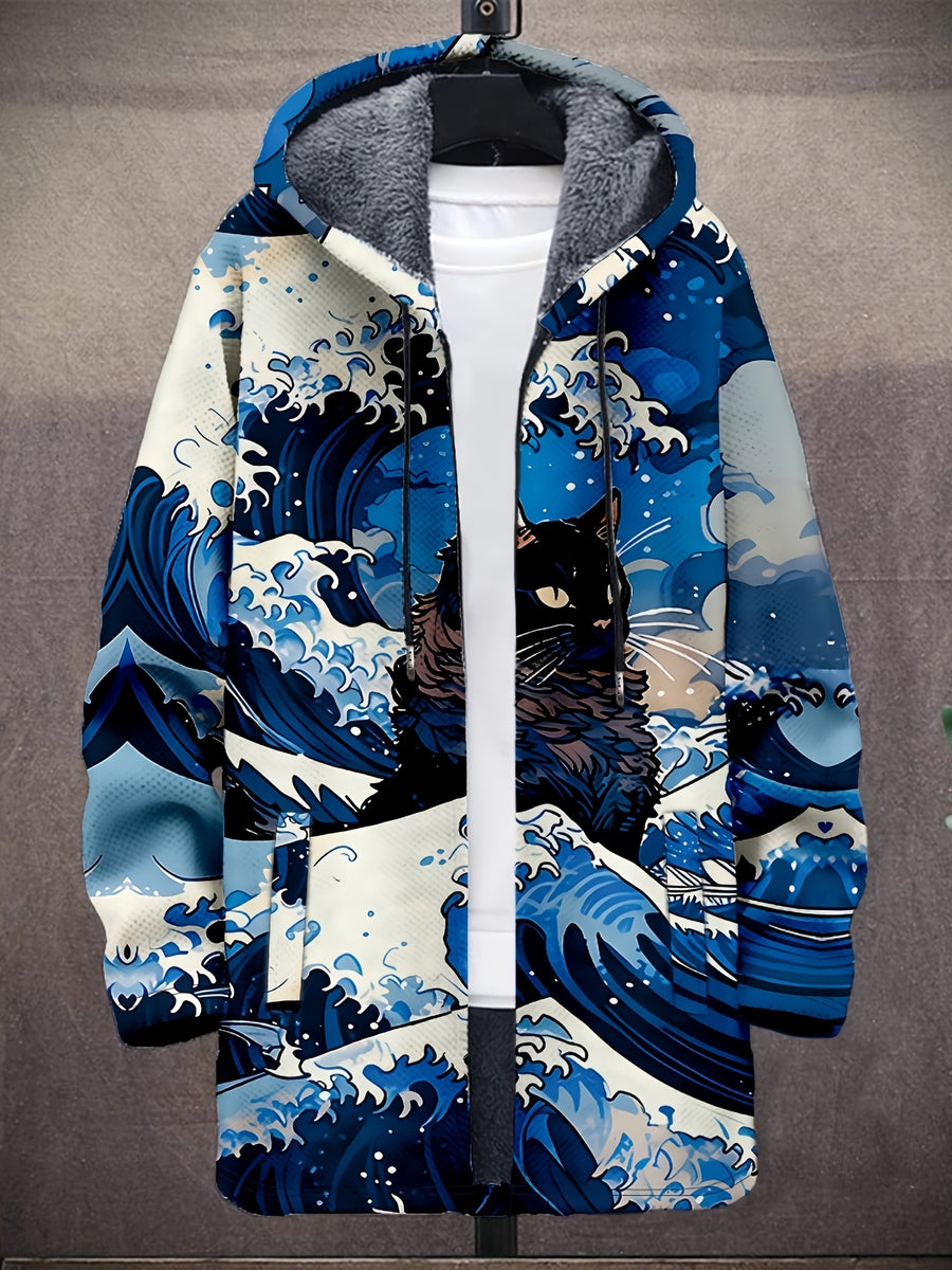Vintage Japanese Art Wave Pattern Printed Fashion Men's Plush Thick Long-Sleeved Cardigan Coat Winter Warm Zipper Hooded Coat - Vibrant Blue