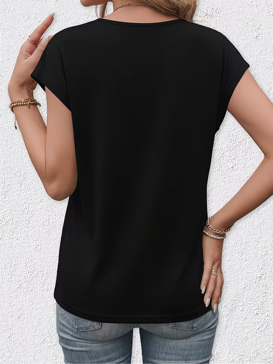 New Summer Women's V-Neck Fake Button Covered Sleeve T-Shirt, Solid Color Casual Top, Machine Washable - Suitable for Daily and Home Wear - Black