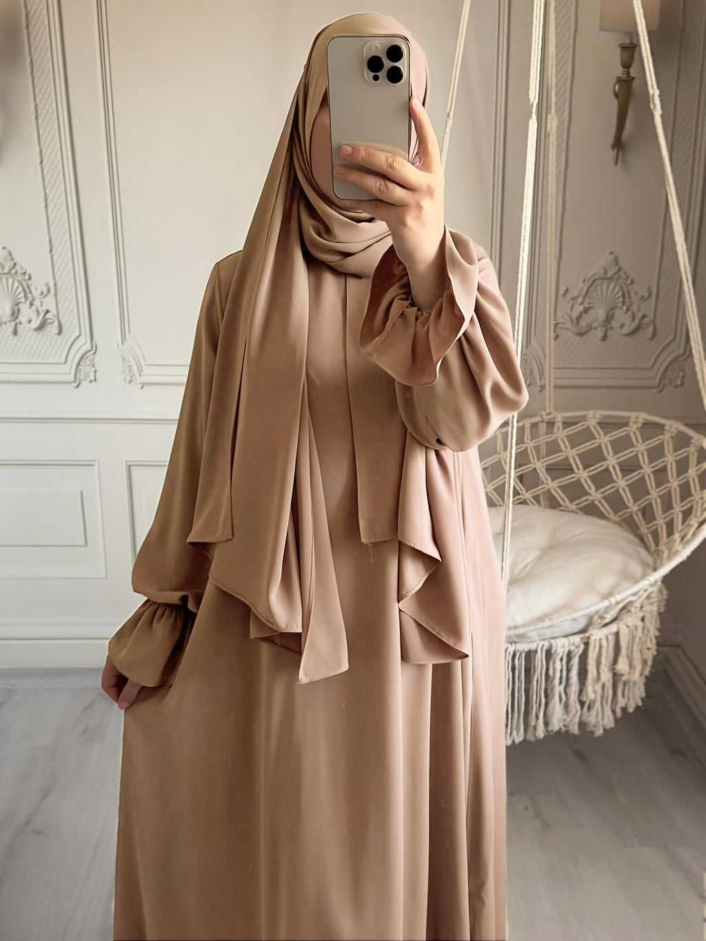 1pc Fashionable, Elegant and Casual One-piece Solid-colored Bellows Sleeve Suitable for Daily Wear. Loose and Comfortable Women's Abaya Robe.abayas for Women Muslim Kleider Damen Abaya for Women Stylish Khimar Ladies Abaya - Yellowish-brown