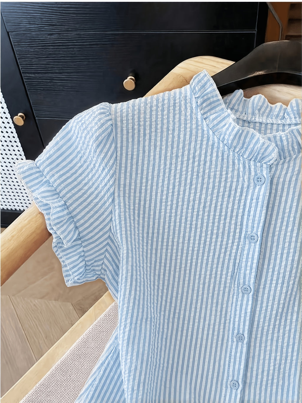 Women's Ruffle Collar Short Sleeve Single-Breasted Striped Shirt, Summer - Bright Steel Blue