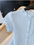 Women's Ruffle Collar Short Sleeve Single-Breasted Striped Shirt, Summer - Bright Steel Blue