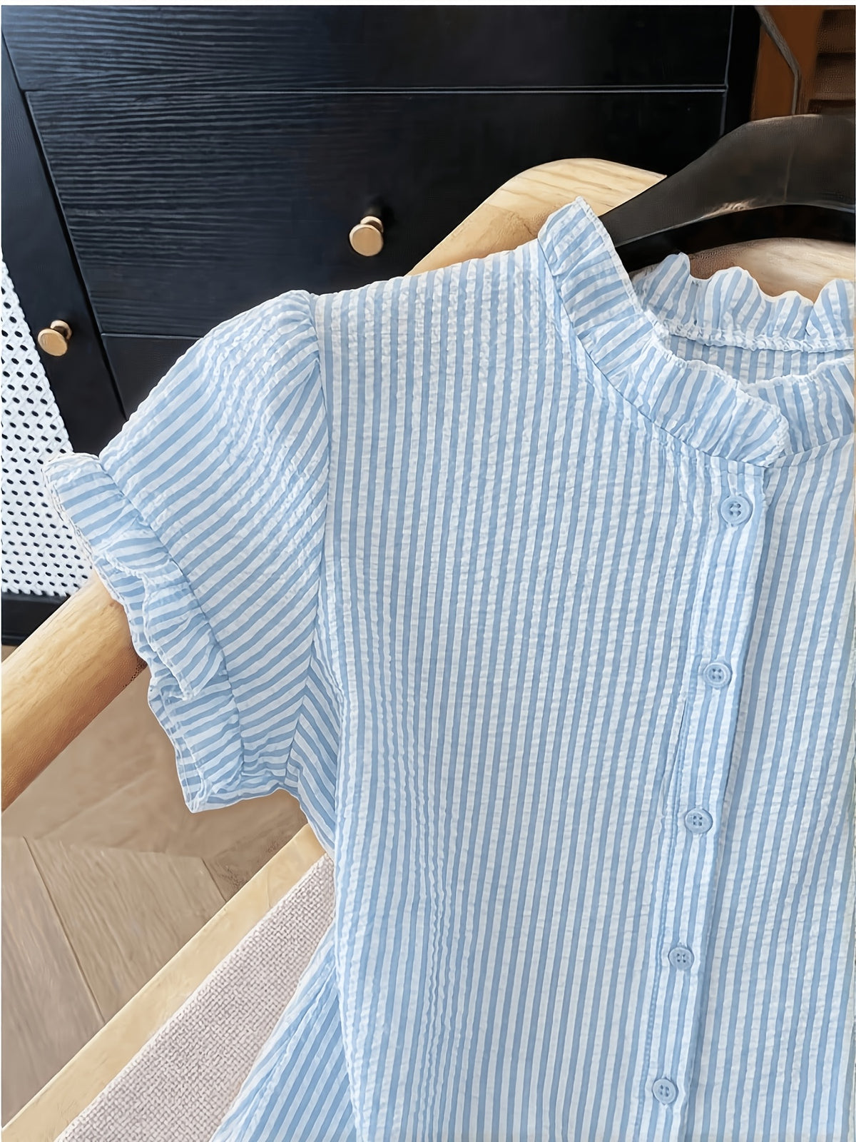 Women's Ruffle Collar Short Sleeve Single-Breasted Striped Shirt, Summer - Bright Steel Blue