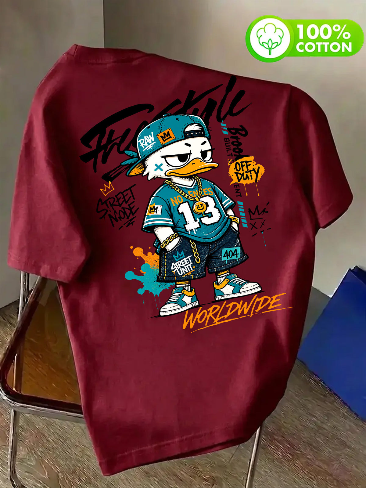 Pure Cotton Crew Neck T-Shirt, Unisex, Trendy Cool Duck, No. 13 Jersey, Multi-Element Badge, Double-Sided Front and Back Print with Letters, Breathable and Non-Sticky Back, Casual and Versatile, Suitable for Commuting, Sports, Outdoor Travel - Burgundy