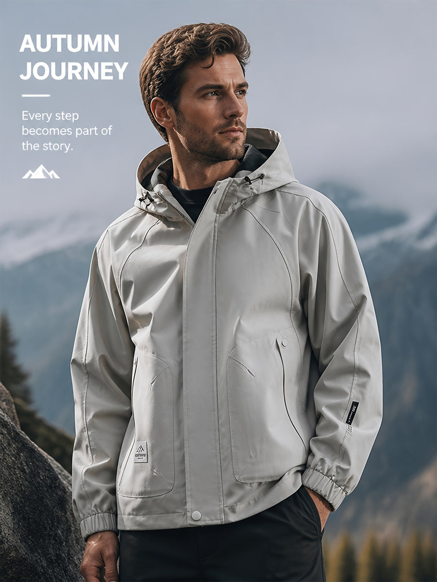 Men'S Lightweight Hooded Jacket, Casual Full-Zip Coat with Adjustable Hood And Flap Pockets, Suitable for Autumn And Winter Casual Wear - Khaki