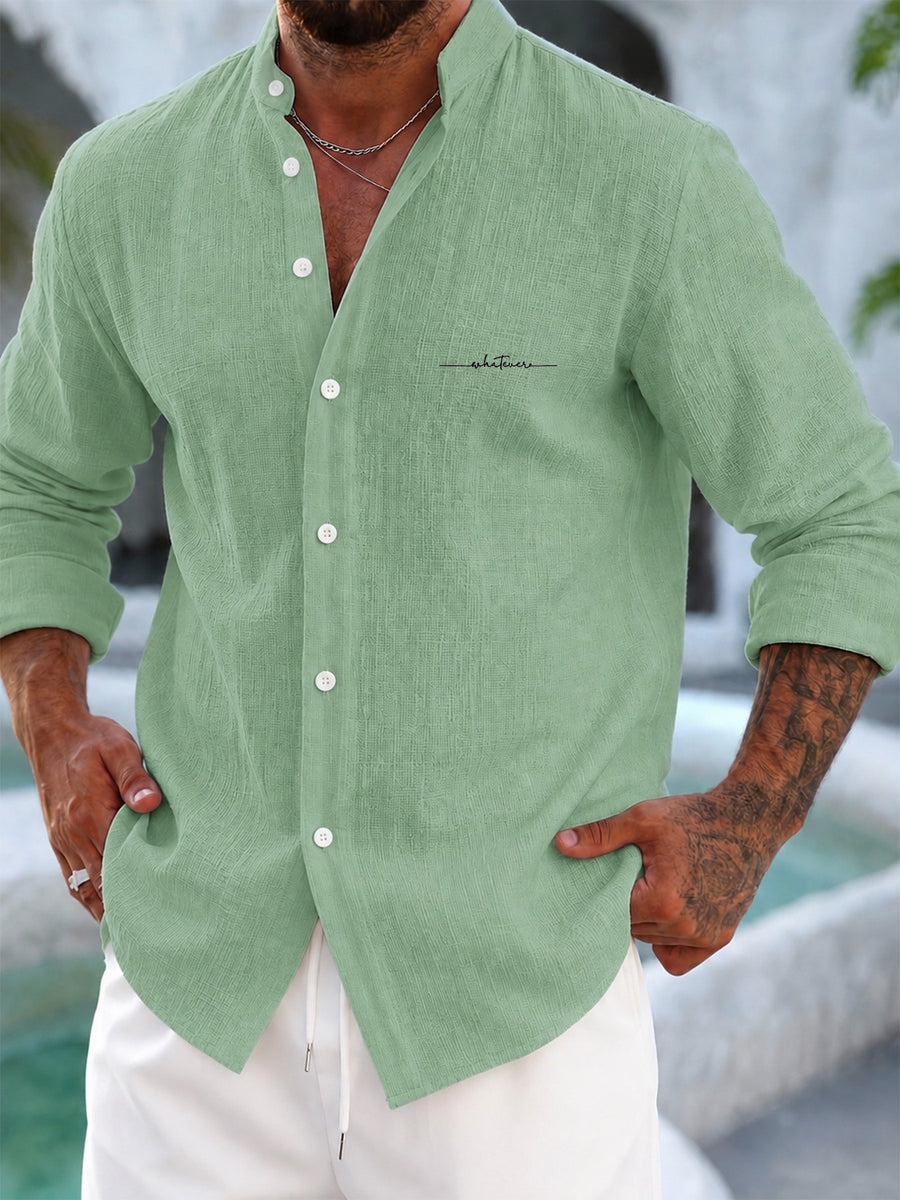 Men'S Faux Linen Long Sleeve Shirt: Lightweight Button-Up Stand Collar Solid Color Formal to Casual Style, Comfortable Breathable Pattern, Suitable for Beach, Office, Party Business, Daily Trendy Wear, Machine Washable Fashion Shirt - Green