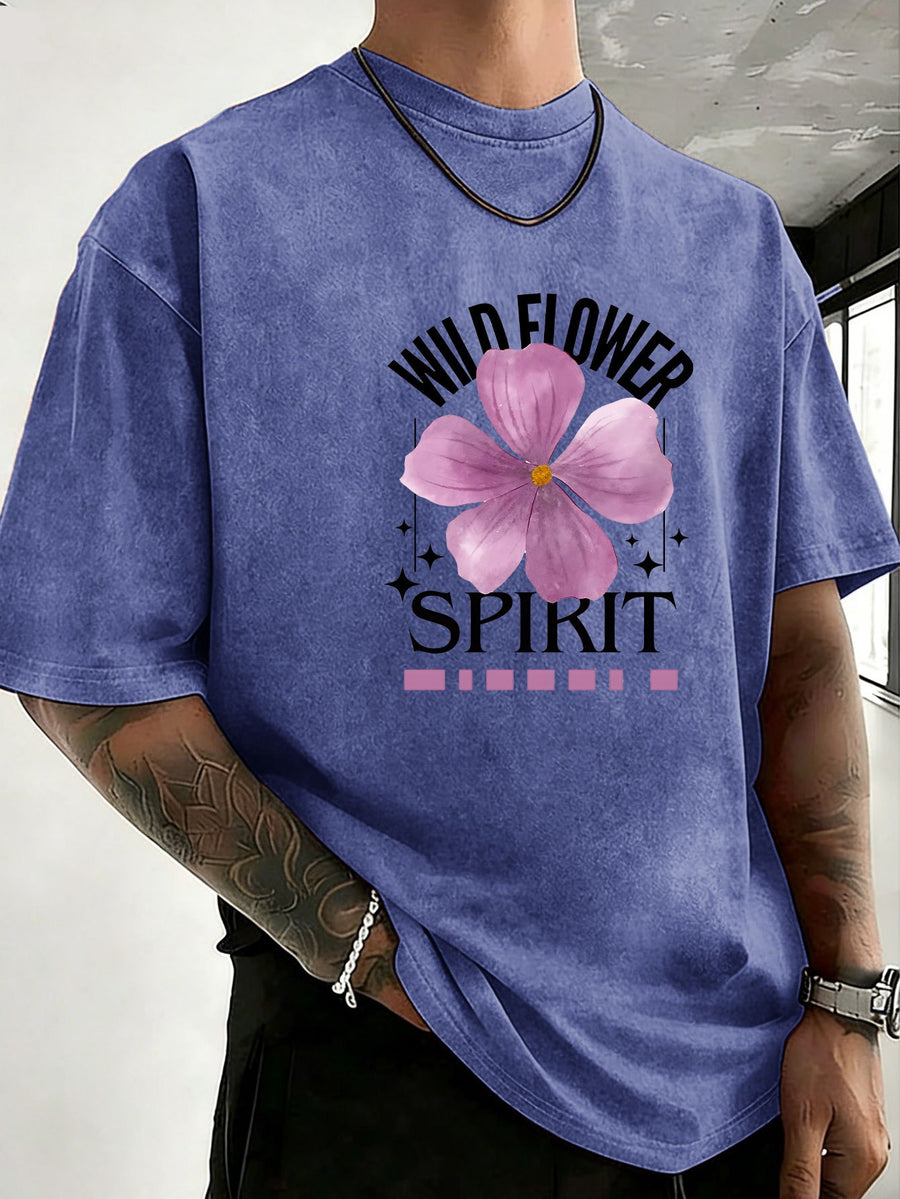 Mid-Summer Vacation Style Unisex T-Shirt, Pure Washed Distressed, Double-Sided Print, Breathable And Sweat-Absorbent, Loose Fit Outdoor Hiking Sports Trendy Casual Short Sleeve, Sweat-Resistant - Royal Blue