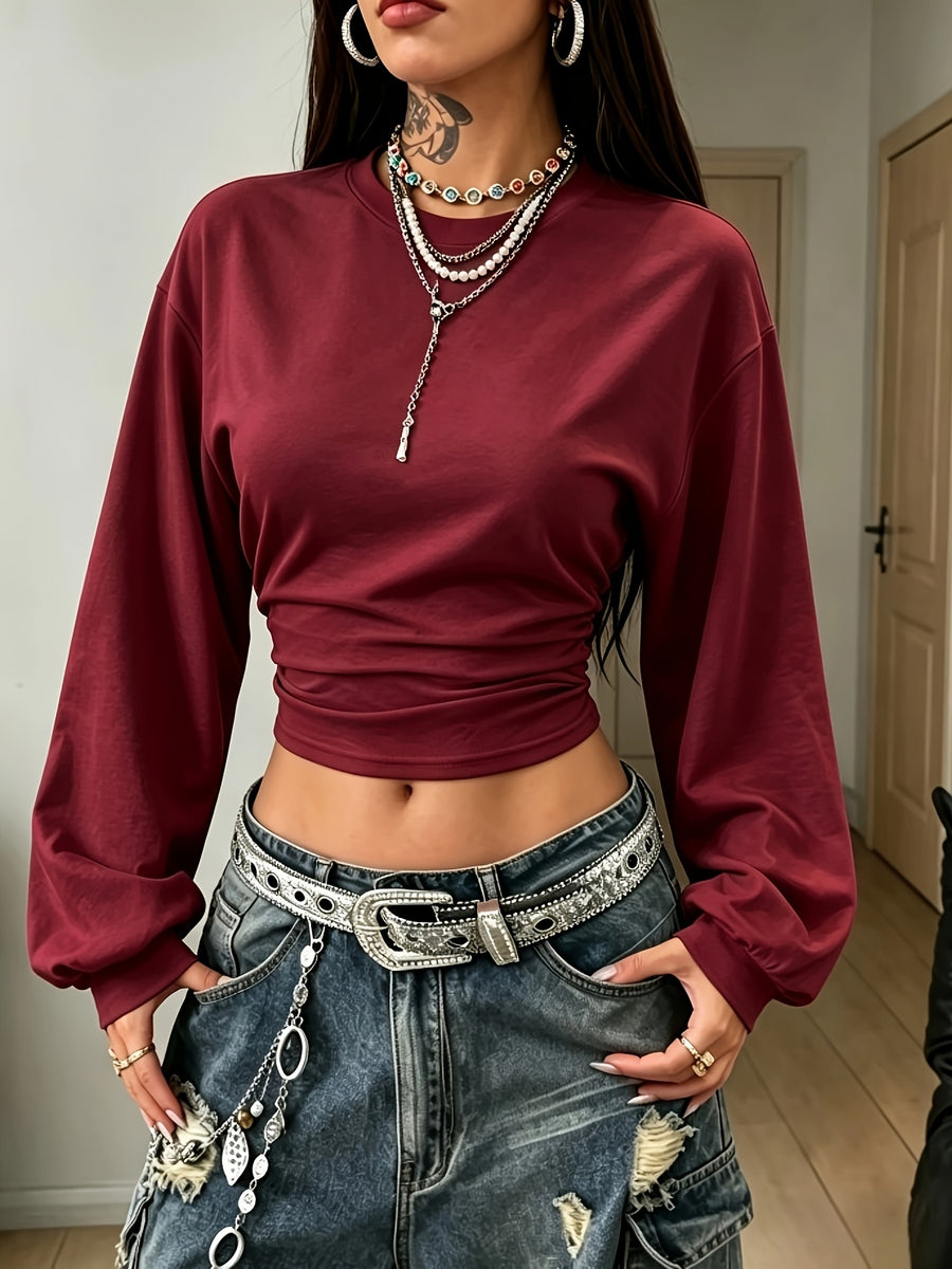 Women's Back-to- Season Basic Solid Color Pleated Asymmetrical Collar Long Sleeve Pullover Top, Autumn/Winter Casual Versatile Style,, Leisure, Dating, and Vacation Holidays in Multiple Scenarios - Burgundy