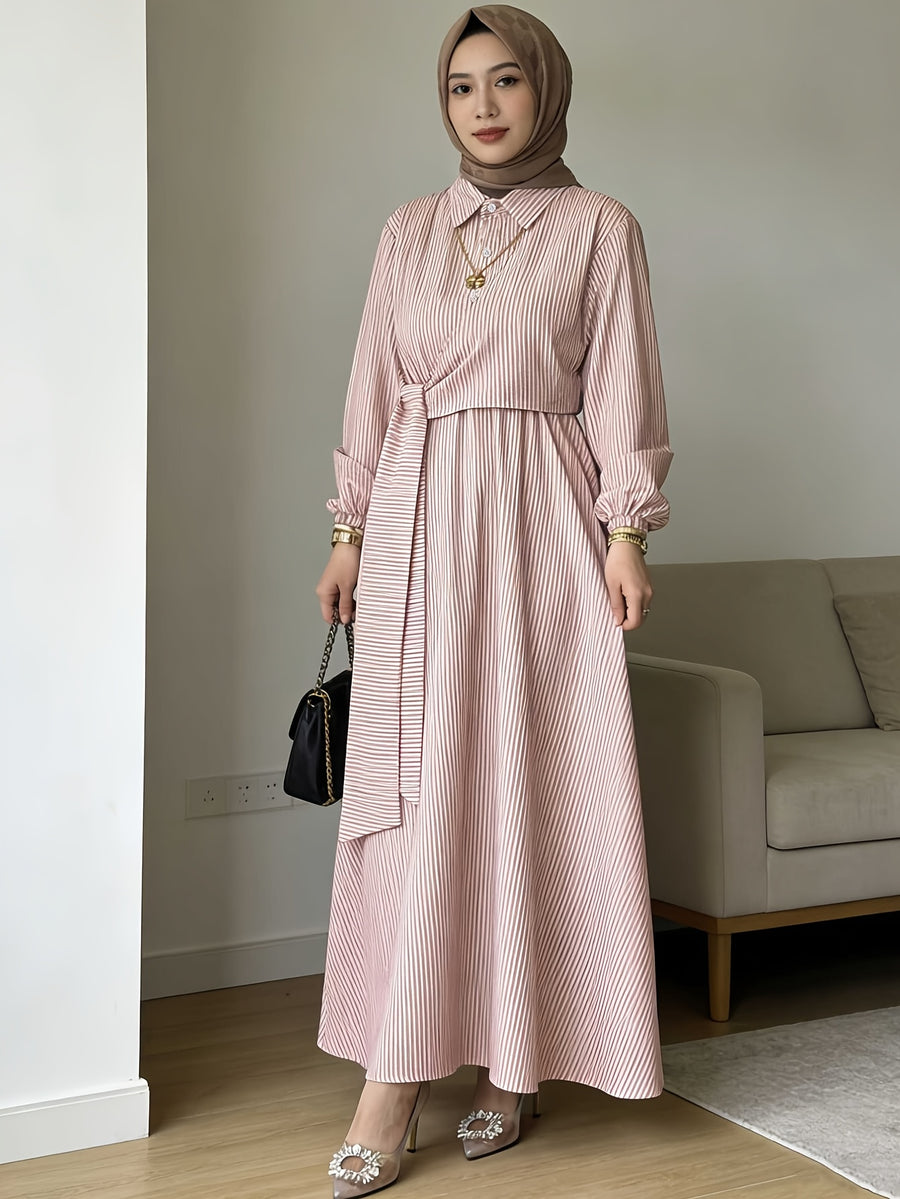 Women'S Striped Shirt Dress, Gentle Style Temperament Shirt Dress, Design-Driven Twisted Long Skirt - Pink Color