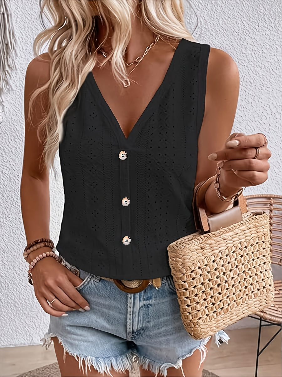 Women'S Solid V-Neck Button Detail Easy Daily Sleeveless Top, Vicca Targeted - Black