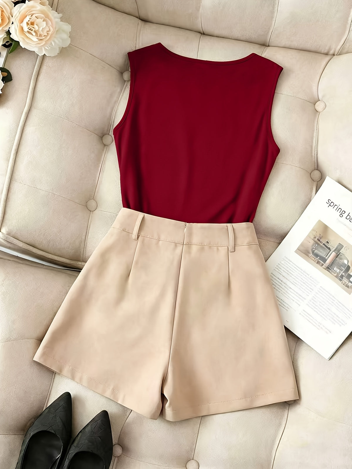 ZD260407049This New Spring/summer Women's Sleeveless Slim-fit Brown Vest Features a Ruffled Neckline and Comes with an Apricot Wide-leg Skirt. This 2pcs Outfit Is Suitable for Casual Attire, Business Occasions, Dates, and Various Other Events. - Burgundy