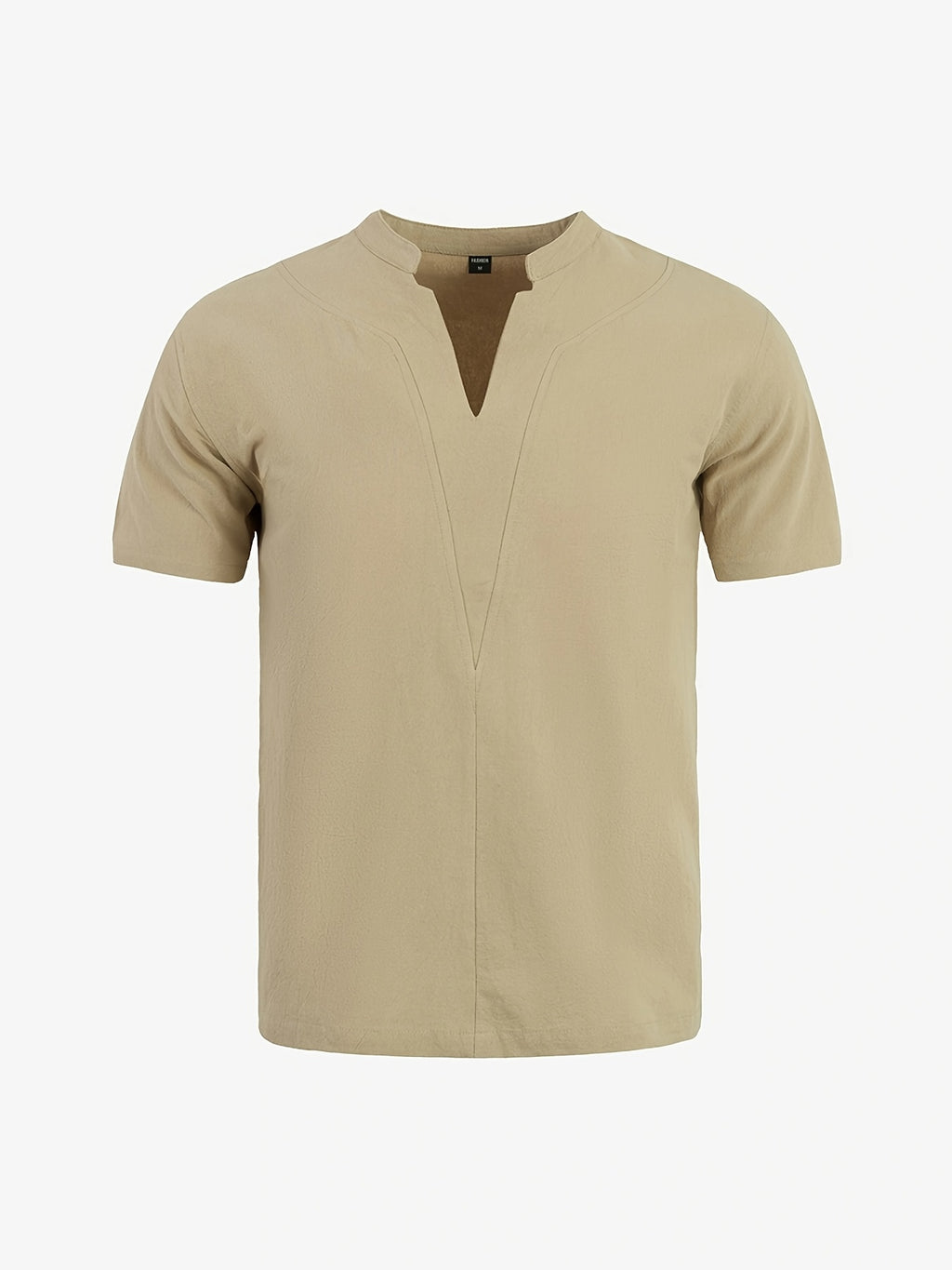 Men'S Minimalist Summer Casual Shirt, Linen Texture Short Sleeve Stand Collar V-Neck Pullover, Soft And Breathable, Loose Fit, Suitable for Business Casual, Vacation, Weekend Gatherings, And More - Khaki 1 Pack