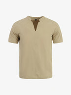 Men'S Minimalist Summer Casual Shirt, Linen Texture Short Sleeve Stand Collar V-Neck Pullover, Soft And Breathable, Loose Fit, Suitable for Business Casual, Vacation, Weekend Gatherings, And More - Khaki 1 Pack