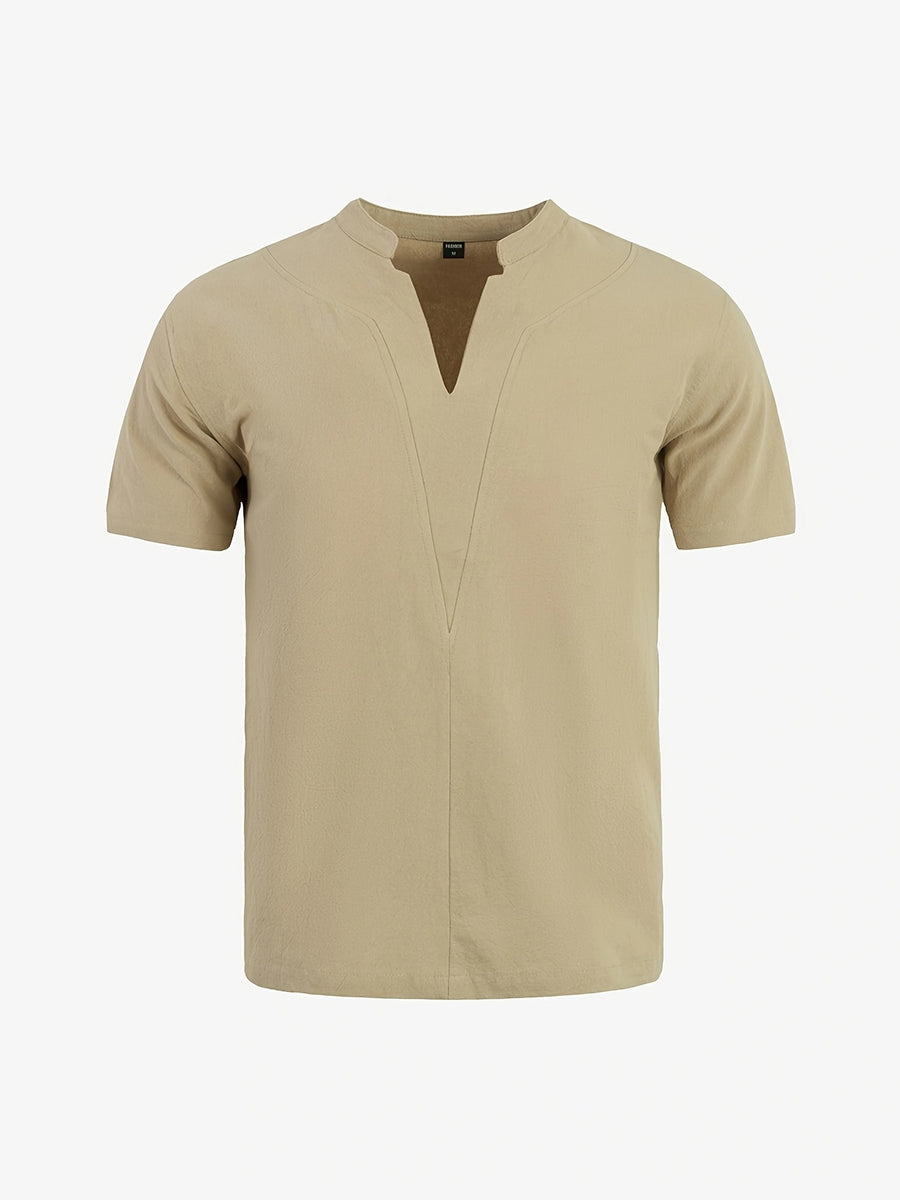 Men'S Minimalist Summer Casual Shirt, Linen Texture Short Sleeve Stand Collar V-Neck Pullover, Soft And Breathable, Loose Fit, Suitable for Business Casual, Vacation, Weekend Gatherings, And More - Khaki 1 Pack