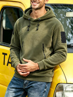 Men Outdoor Tactical Style Fleece Hoodie, Thick Warm Multi-Zipper Pockets Loose Sweatshirt for Autumn Winter Commute Hiking - Olive Green