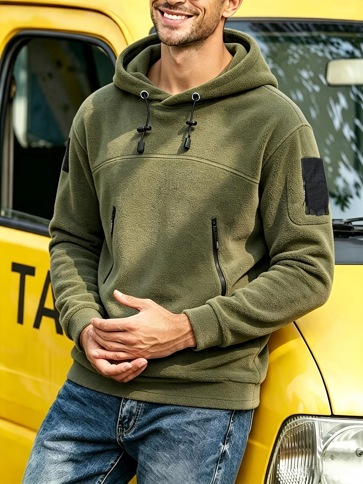 Men Outdoor Tactical Style Fleece Hoodie, Thick Warm Multi-Zipper Pockets Loose Sweatshirt for Autumn Winter Commute Hiking - Olive Green