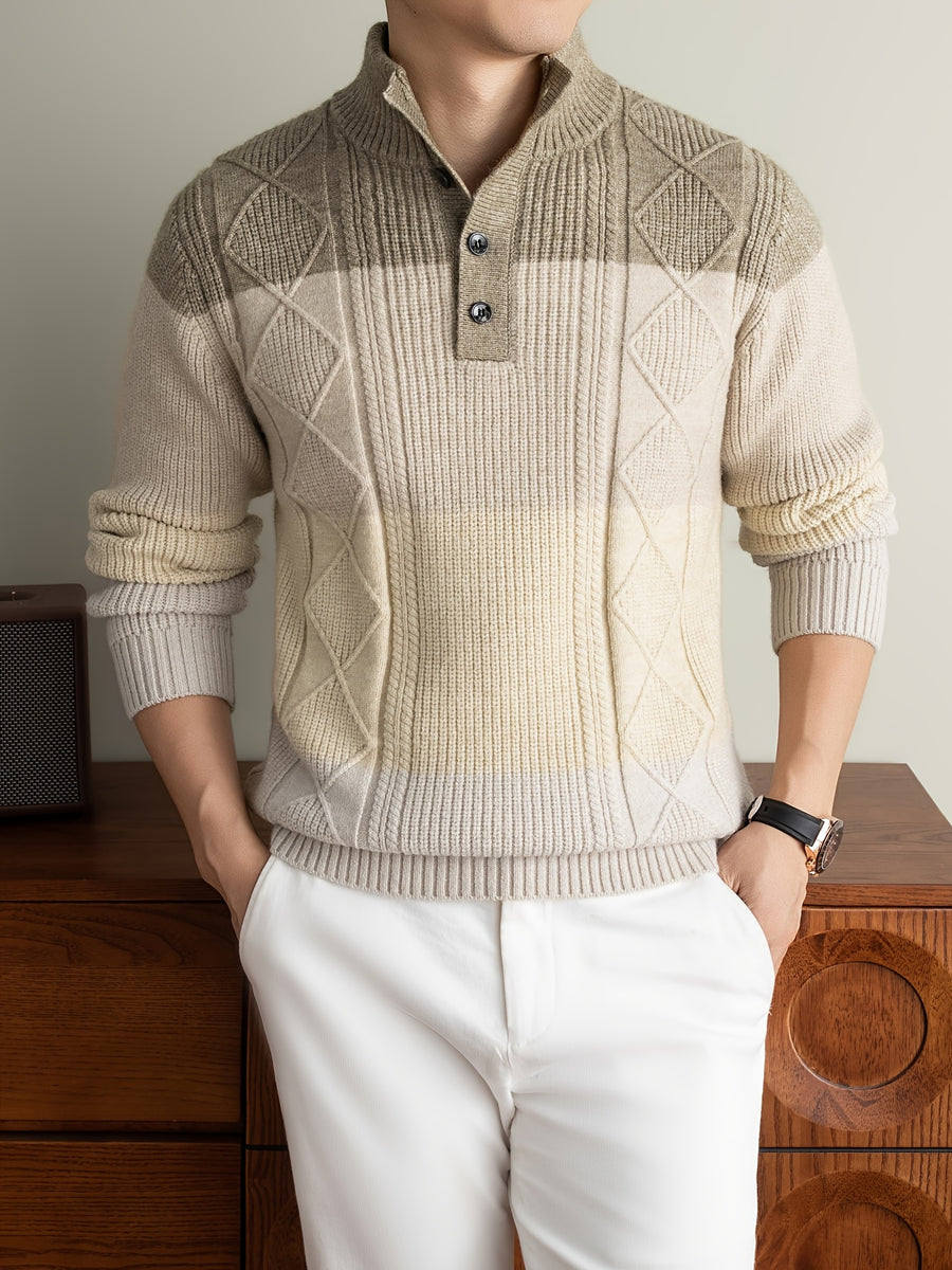 [Whale-Crossing Lan OBM] 1pc Autumn/Winter New Thickened Men'S Knit Pullover Sweater, Old Money Style Color-Block Stand Collar Half-Button Long Sleeve Knit Pullover for Men, Business Casual Fashion Sweater Suitable for Spring, Autumn - Camel