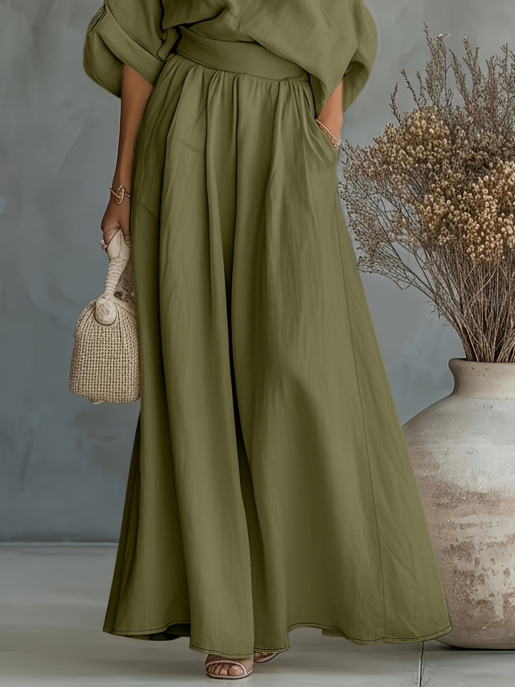 Women'S Fashion Elegant Women'S Easy Casual Short Loose Off-Shoulder Puff Sleeve Niche Top Oversized A-Line Half-Skirt Set - Olive Green