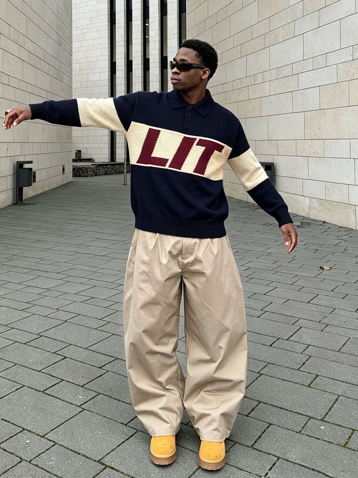 New Autumn/Winter Men's Knit Sweater, American Trendy Color-Block Patchwork Letter Jacquard Design, Long Sleeve Polo Collar, Fashionable Loose Fit Casual Vintage College Style Knitwear, Suitable for Daily Streetwear, Street Brand, and Commuter Style - Navy Color