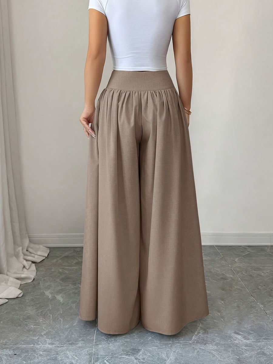 Women's Spring/Summer Waist-Cinching Long Wide-Leg Pants with Pockets, Size 25 - Camel