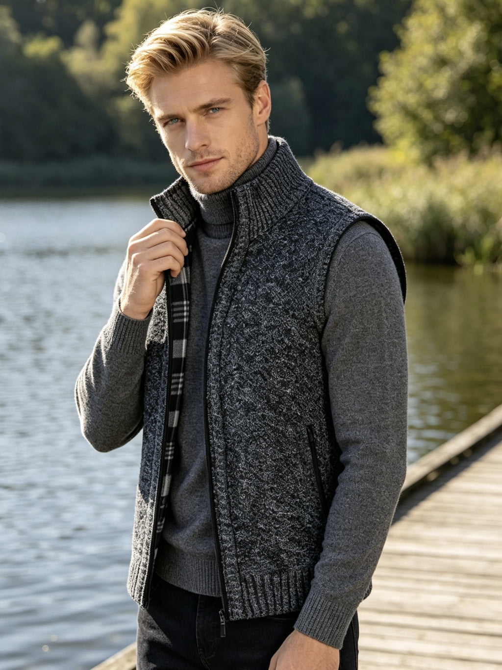 Men'S Stand Collar Zip-Up Vest, Thick Warm Sleeveless Sweater Waistcoat Gilet, Casual Fall Winter Outerwear Sleeveless Cardigan for Daily Commute Outdoor Street Wear - Dark Gray