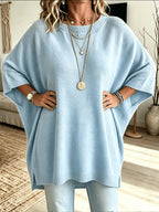 Plus Size, Women's Spring/Autumn Elegant Casual Cute Sexy Middle Eastern Style Spring/Autumn/Winter Solid Color Round Neck Batwing Sleeve Split Hem Irregular Loose Soft Warm Shawl Cape Pullover Sweater Top - Sky Blue
