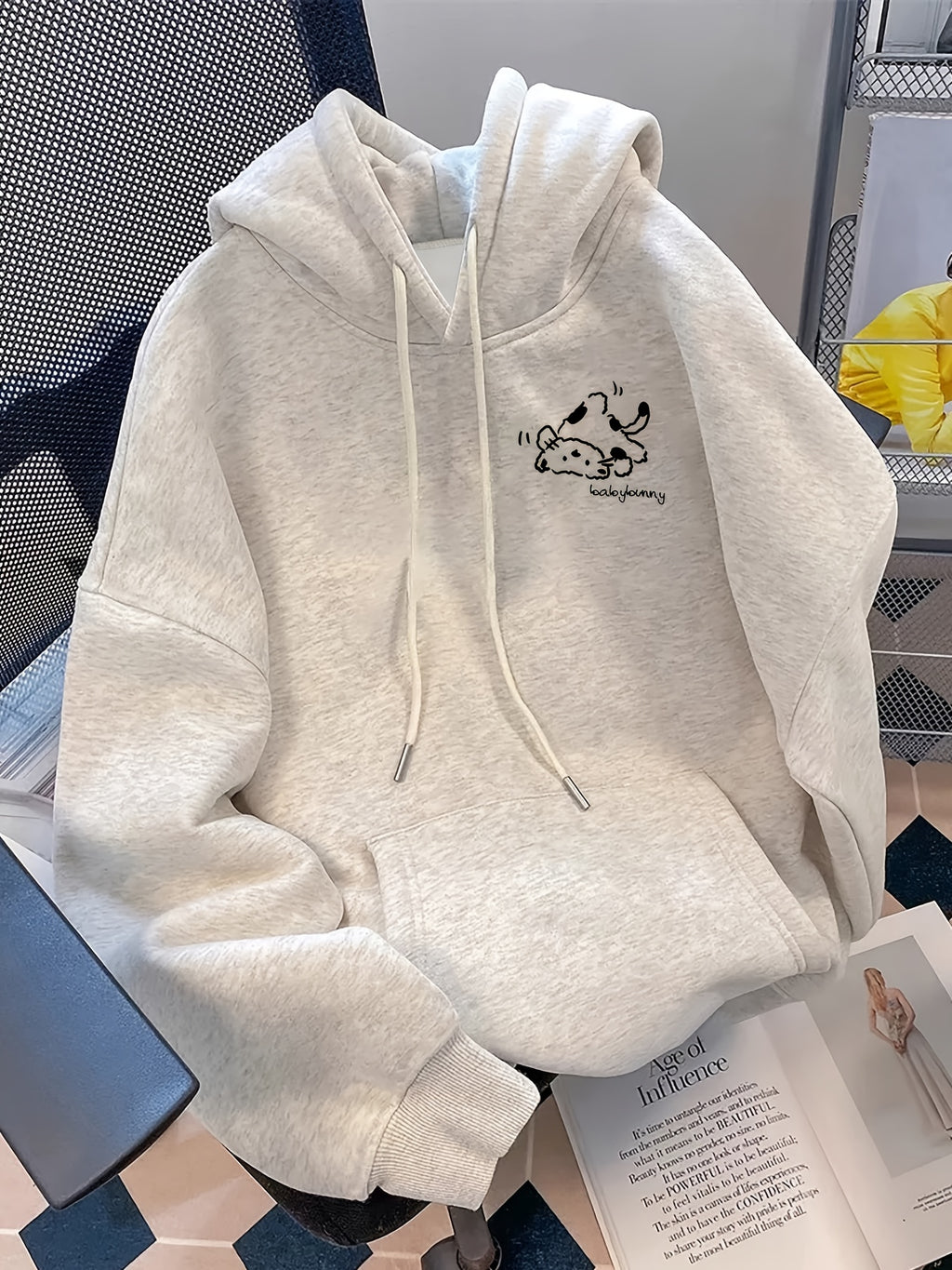 American Street Style Fun Quirky Cat Print Long Sleeve Hooded Fleece Sweatshirt Women Men Autumn Winter High Street Trendy Brand Loose Couple Hoodie Top - Granny Gray