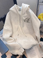 American Street Style Fun Quirky Cat Print Long Sleeve Hooded Fleece Sweatshirt Women Men Autumn Winter High Street Trendy Brand Loose Couple Hoodie Top - Granny Gray