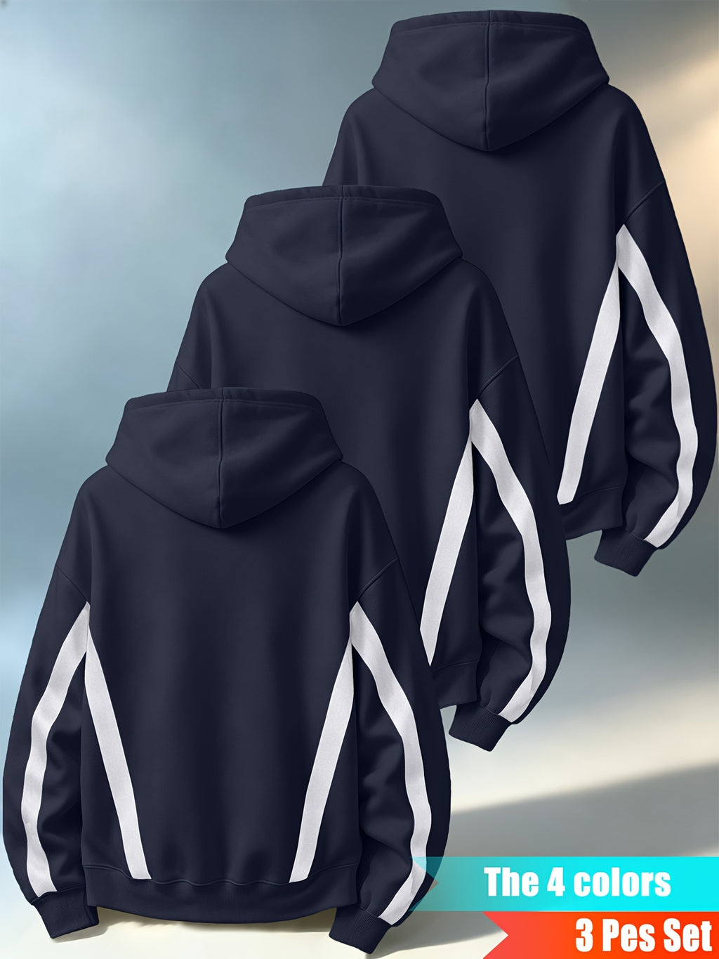 Men'S Three-Piece Casual Hooded Sweater Set, Featuring Contrast-Colored Spliced Sleeves with Drawstrings, Loose-Fitting Pullover Shirt, Long-Sleeved Sports Top for Daily Wear - Navy Blue + Navy Blue + Navy Blue