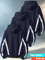 Men'S Three-Piece Casual Hooded Sweater Set, Featuring Contrast-Colored Spliced Sleeves with Drawstrings, Loose-Fitting Pullover Shirt, Long-Sleeved Sports Top for Daily Wear - Navy Blue + Navy Blue + Navy Blue