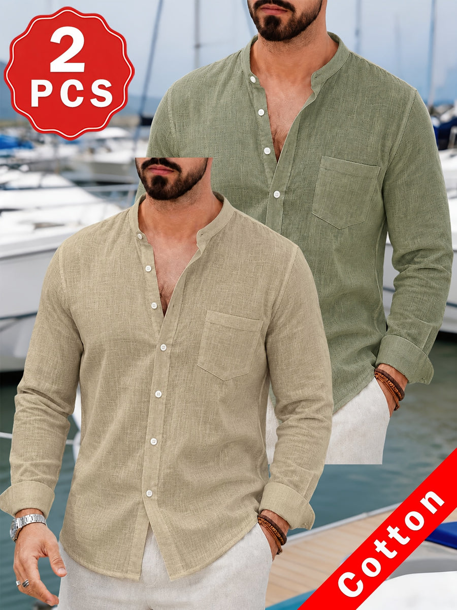 Pc of 2 Mens Plain Long Sleeve Button Shirts with Mandarin Collar & Distinct Chest Pocket, Lightweight Airy Sweat-Wicking Casual Tops, Versatile for Office Work, Holidays, Daily Outings & Home Regular Fit Spring Summer Office Work Holiday - Khaki+Army Green