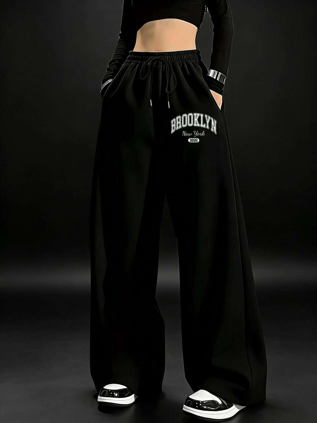 Women's High-Waisted Wide-Leg Joggers with Stretch Waist & Pockets - Solid Color Loose Pants Suitable for All-Season Wear, Straight Leg Trousers, Machine Washable for,, Everyday Casual (No Transparency) - Black