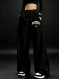 Women's High-Waisted Wide-Leg Joggers with Stretch Waist & Pockets - Solid Color Loose Pants Suitable for All-Season Wear, Straight Leg Trousers, Machine Washable for,, Everyday Casual (No Transparency) - Black