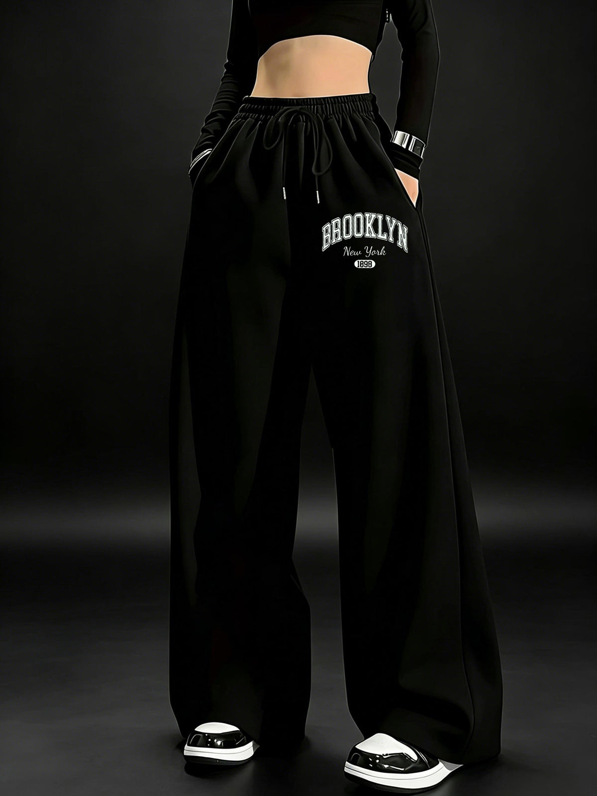 Women's High-Waisted Wide-Leg Joggers with Stretch Waist & Pockets - Solid Color Loose Pants Suitable for All-Season Wear, Straight Leg Trousers, Machine Washable for,, Everyday Casual (No Transparency) - Black