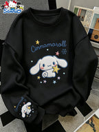 Sanrio Ladies Round Neck Casual Sweatshirt, Cinnamoroll Big Ear Rabbit Pattern Cute Stars Embellished, Fashionable Elegant Everyday Versatile Pullover, Round Neck Pullover Sweatshirt Casual Long Sleeve Fleece Sweatshirt - Black