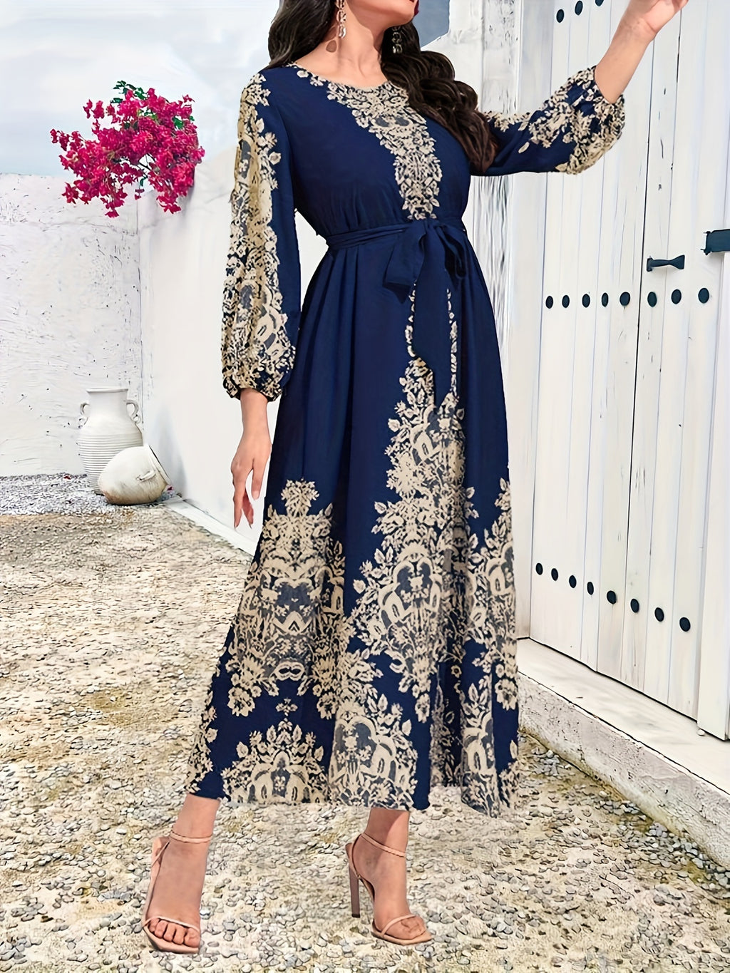 Vintage Graphic Print Belted Dress, Elegant Crew Neck Lantern Sleeve Dress For Spring & Fall, Women's Clothing - Navy Color