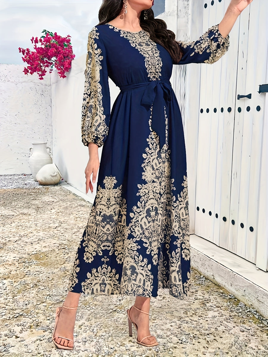 Vintage Graphic Print Belted Dress, Elegant Crew Neck Lantern Sleeve Dress For Spring & Fall, Women's Clothing - Navy Color