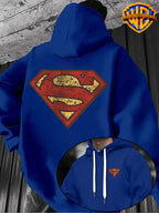 WB Warner Bros Official Superman Vintage Hoodie - Men's & Unisex Distressed Shield Logo Sweatshirt with S-Shield Back Print, Adjustable Hood, Loose Fit, Double-Sided Iconic WB Logo & Superman Emblem for Casual Wear, Machine Washable Warmth - Blue
